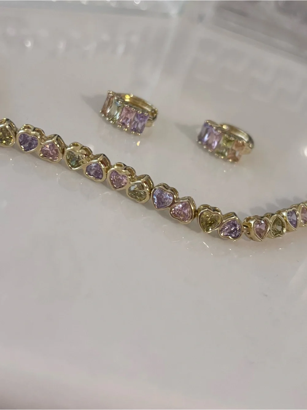 Gold fillled Pastel Heart Tennis Bracelet and Huggie Earring Set - Pastel Multi